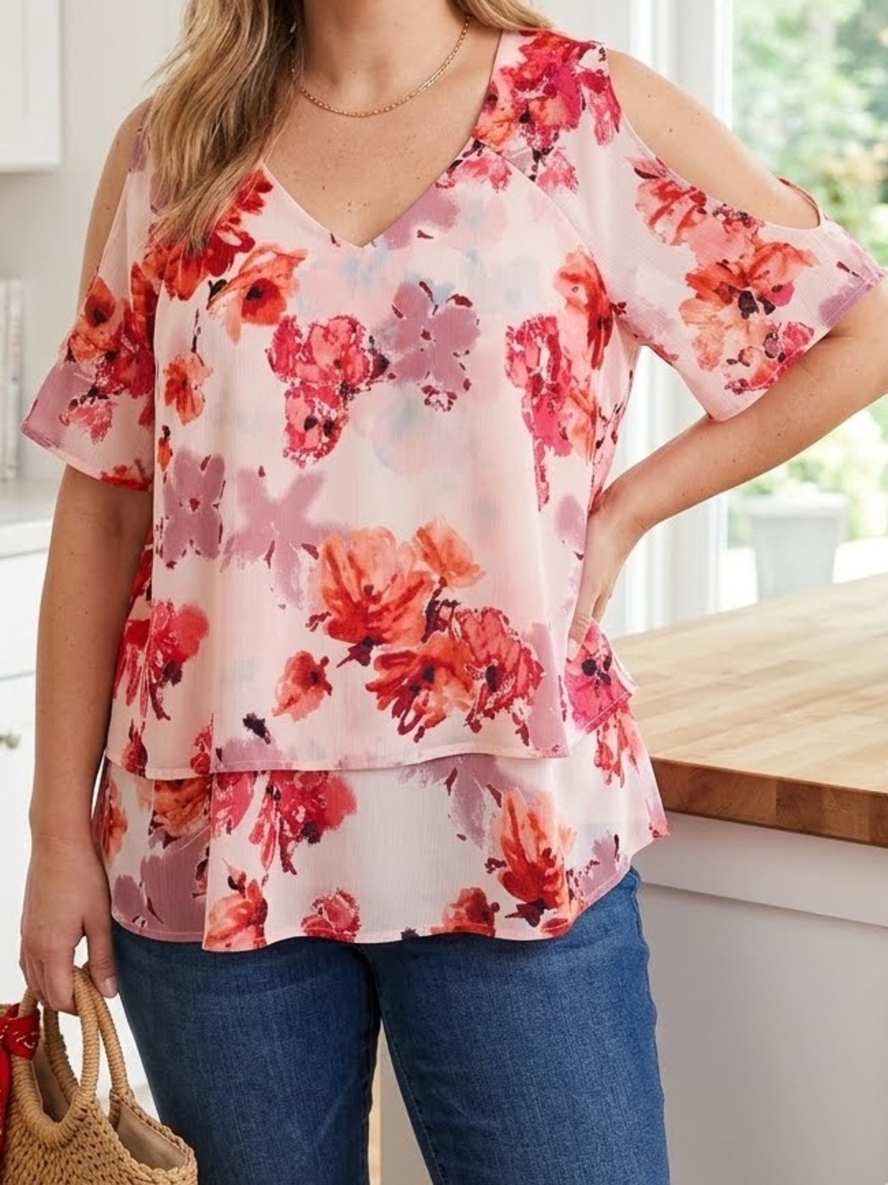 Juicy Couture Blouse Cold Shoulder V-Neck Chiffon Pink Coral Purple Floral large